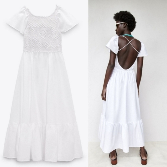Zara Crochet Flutter Sleeve Open Back Cotton Maxi Dress In Whit Size Size M - Picture 1 of 16